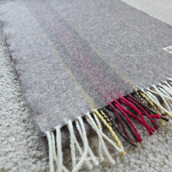NWOT Wool Herringbone Scarf Brown with Burgundy & Yellow Stripe - Picture 7 of 11